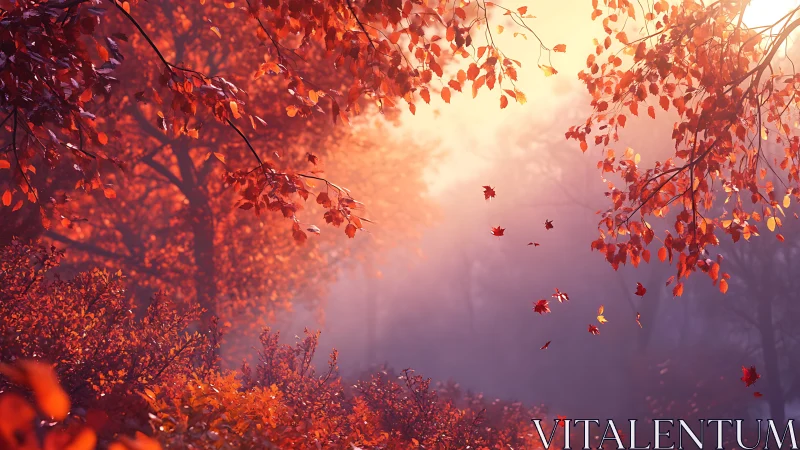 Glowing autumn forest path bathed in soft morning light.