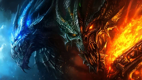 Twin elemental dragon heads divided by searing contrast.