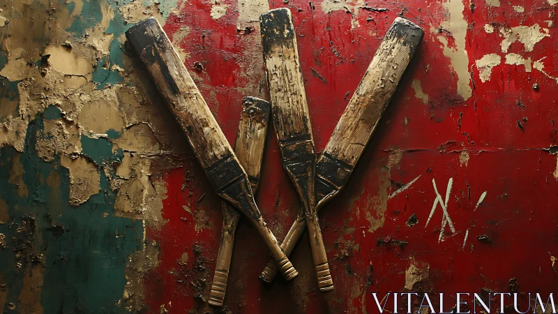 Weathered cricket bats intersect on distressed textured mural