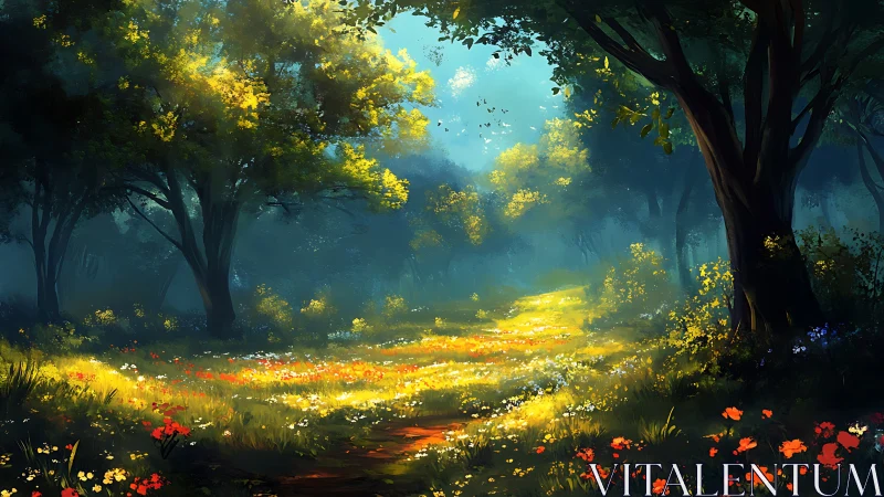Sunlit Forest Clearing with Golden Wildflowers and Ancient Trees