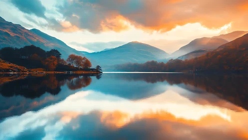 Sunlit mountains reflect across still lake surface at dusk