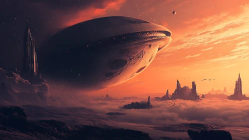 Crimson dusk mothership drifting above misty alien spires.
