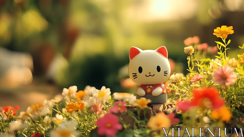 Lucky cat figurine in warm sunlit flower garden.