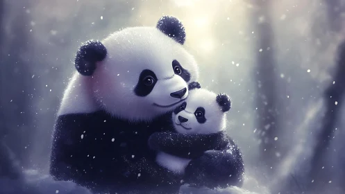 Adult and juvenile pandas in snowy forest setting embrace.