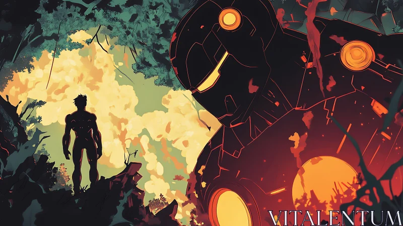 Silhouetted hero confronts fallen mech amid infernal forest glow