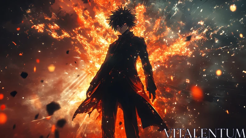 Silhouetted figure in coat before explosive fiery backdrop.
