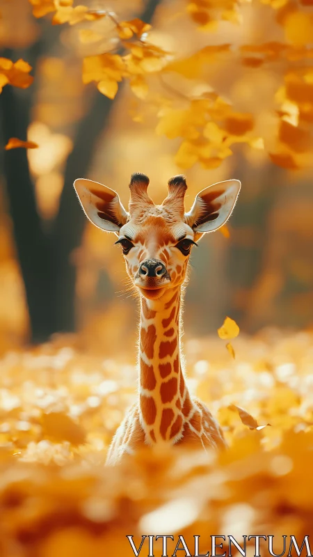 Juvenile giraffe emerges sharply amid autumn bokeh field