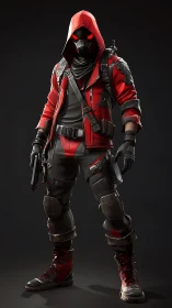 Hooded masked operative in red tactical armor standing.