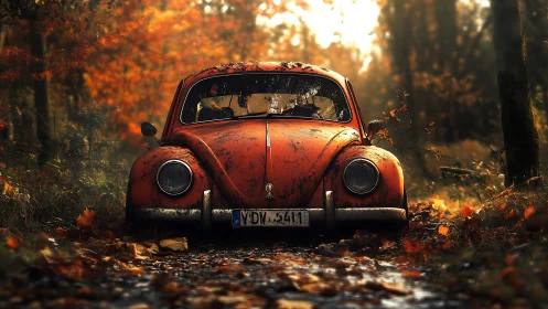 Rustic orange compact car in damp autumn forest setting.