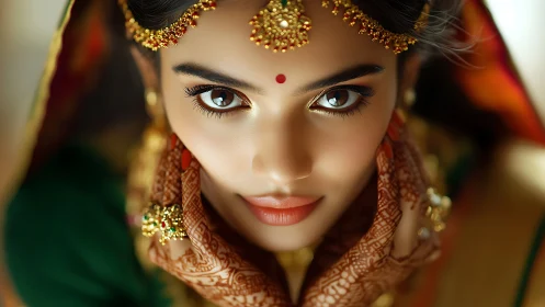 Henna crowned gaze in jewel-bright bridal quiet.