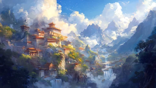 Mountain valley settlement with tiered temples and waterfalls.
