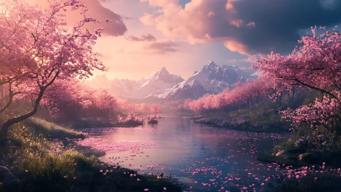 Mountain river with cherry trees in soft evening light.