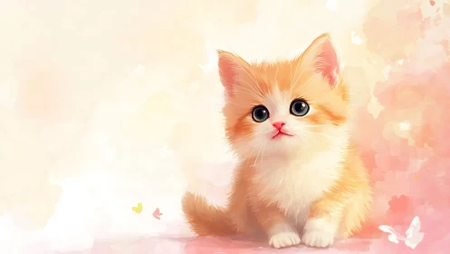 Soft-rendered orange and white kitten with oversize eyes against ethereal pastel gradient.