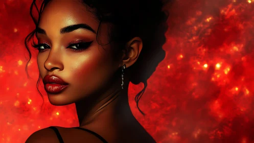 Digital portrait of woman against vivid red abstract field.