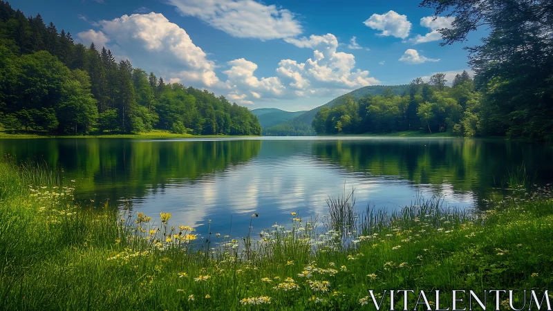 Emerald forest lake whispering under cloud-dappled skies.
