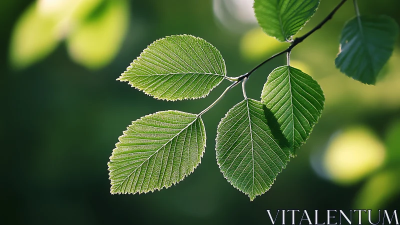 Close-up of Green Leaves on a Branch in Sunlight, Nature Photography.