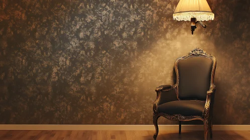 Baroque leather armchair under warm sconce lighting in corner.