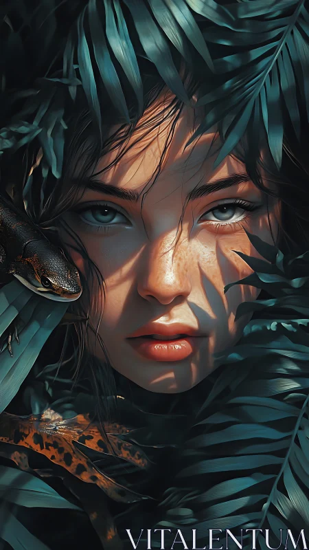 Jungle muse with lizard framed by teal tropical fronds.