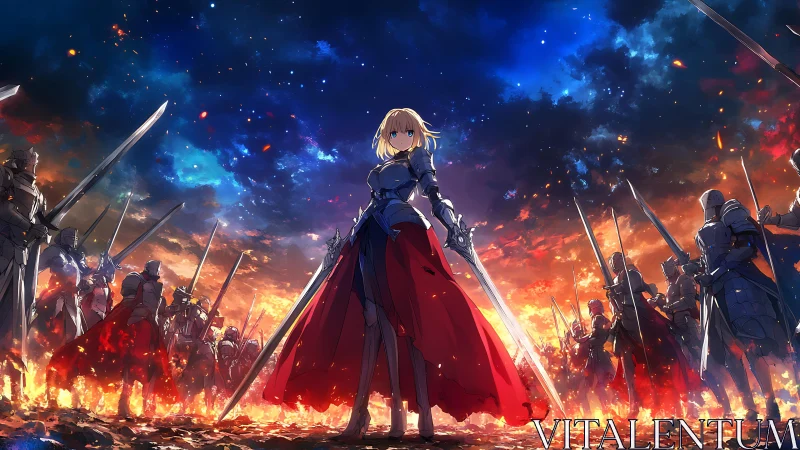 Sword-lit horizon crowns the armored heroine in blazing ranks