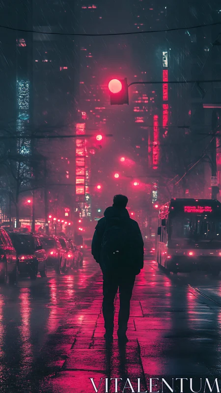 Neon rainstorm crowns a lone wanderer in crimson city glow.