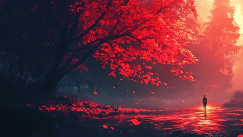 Solitary figure walks under vivid red forest canopy