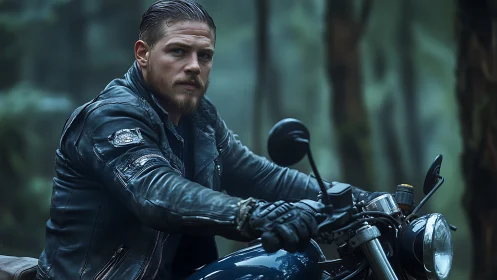 Man in leather jacket on motorcycle in forest setting.