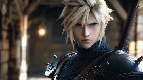 Blond armored character with sword in stone corridor setting.