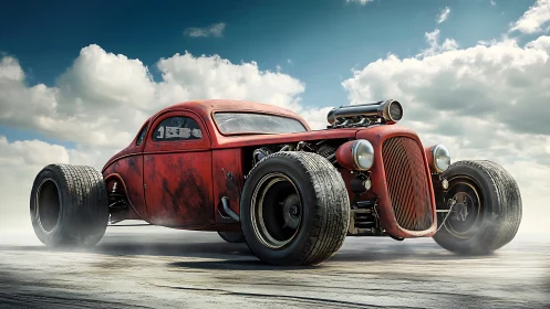 Blown red rat rod storms a sunlit salt flat horizon.