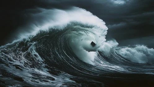 Storm-tossed wave curls around a mysterious dark object.