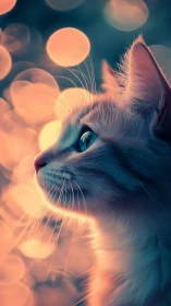 White Cat with Blue Eyes Against Soft Bokeh Lighting