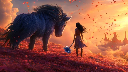 Sunset encounter with shaggy beast on floating petal hill.
