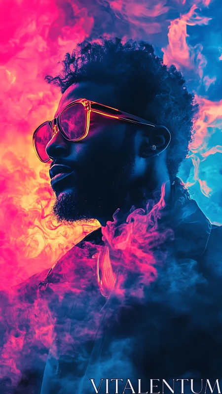 Neon smoke crowns a side-lit dreamer in electric stillness