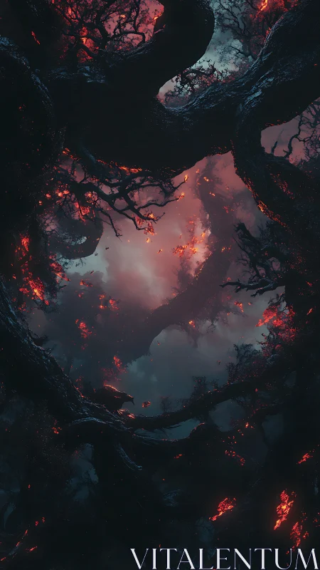 Burning twisted forest canopy encircles glowing night sky
