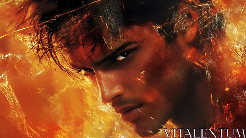 Intense male portrait surrounded by swirling fiery energy.