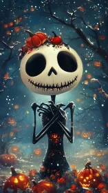 Elongated skeleton scarecrow stands amid glowing jack o lantern field