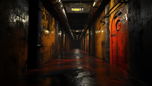 Industrial basement corridor with wet floor and rusted bulkhead doors