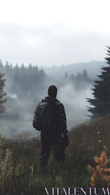 Quiet wanderer pauses in misty forest valley to breathe deeply