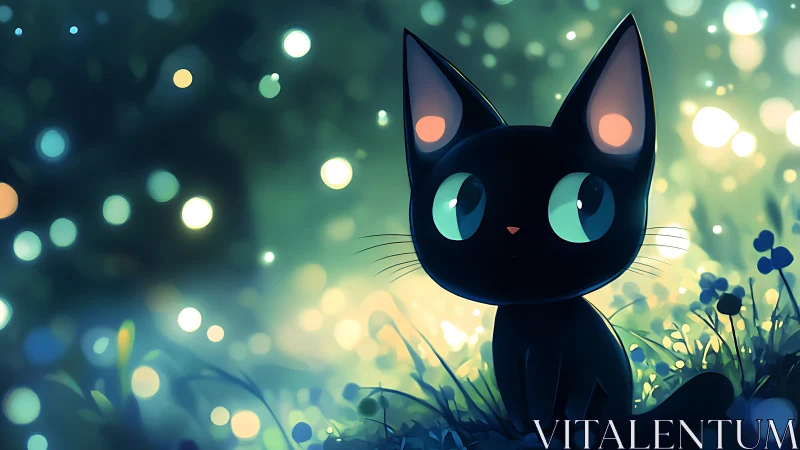 Black Cat with Luminescent Eyes in Enchanted Garden Setting.