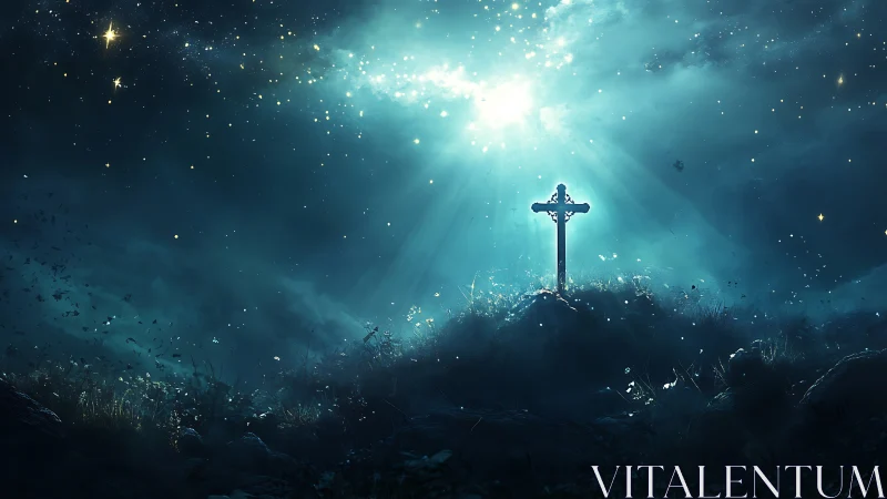 Quiet hillside cross glowing under a gentle starlit sky.