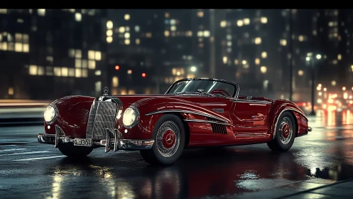 Vintage red roadster gliding through a glowing city night.