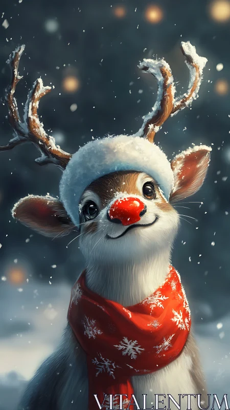 Cute red nosed reindeer in snow with scarf and hat.