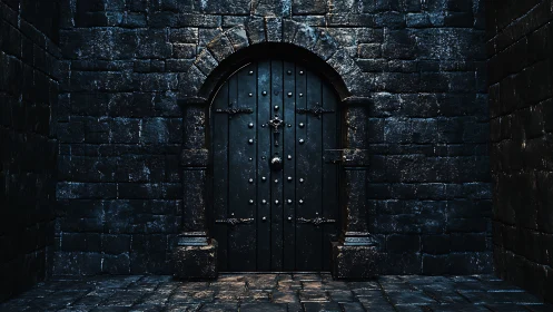 Medieval ironbound door framed by weathered stone archway.