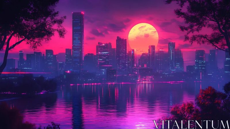 Neon sunset city dreaming beside a calm shimmering river.