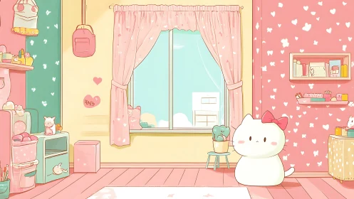 Soft pastel cat bedroom with toys and window view.