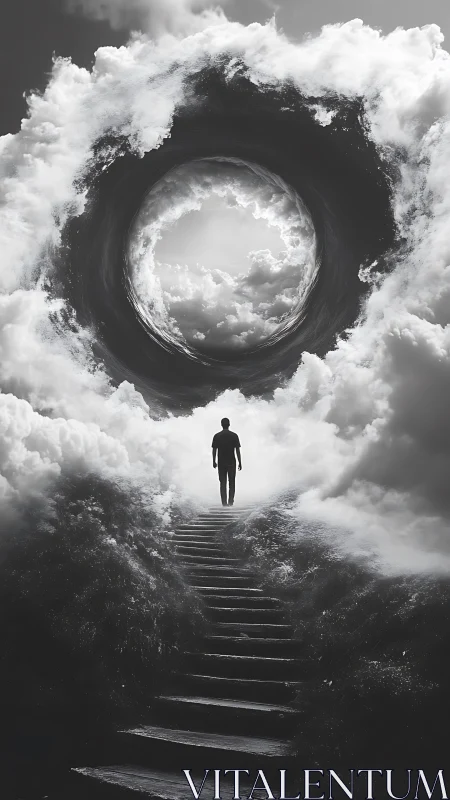 Solitary figure ascending stairway into circling cloud portal.