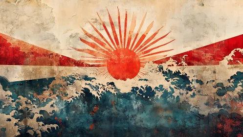 Sunrise over wild teal waves on worn vintage canvas.