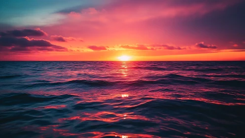 Ocean horizon with low sun and intense magenta sky.