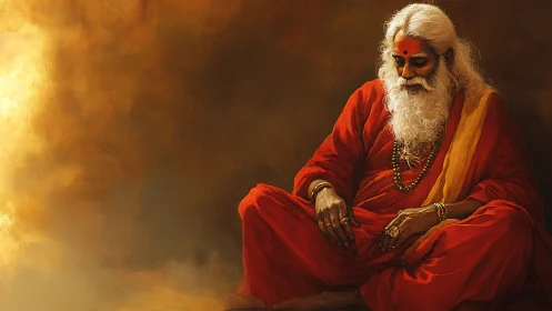 Meditative guru in saffron robes rendered in warm digital chiaroscuro