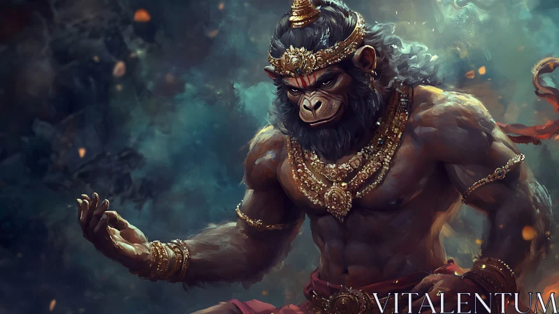 Mythic humanoid monkey warrior in ornate golden armor.