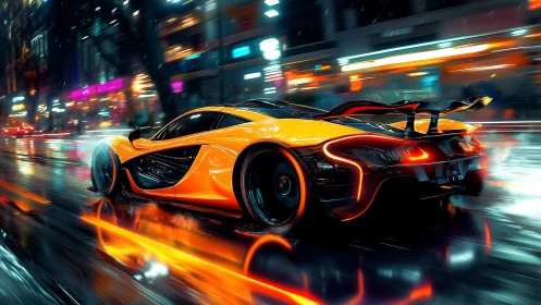 Neon raindrops chase a blazing hypercar through midnight streets